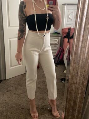 Zara High-Waist Cream Tailored Crop Pants w Slits